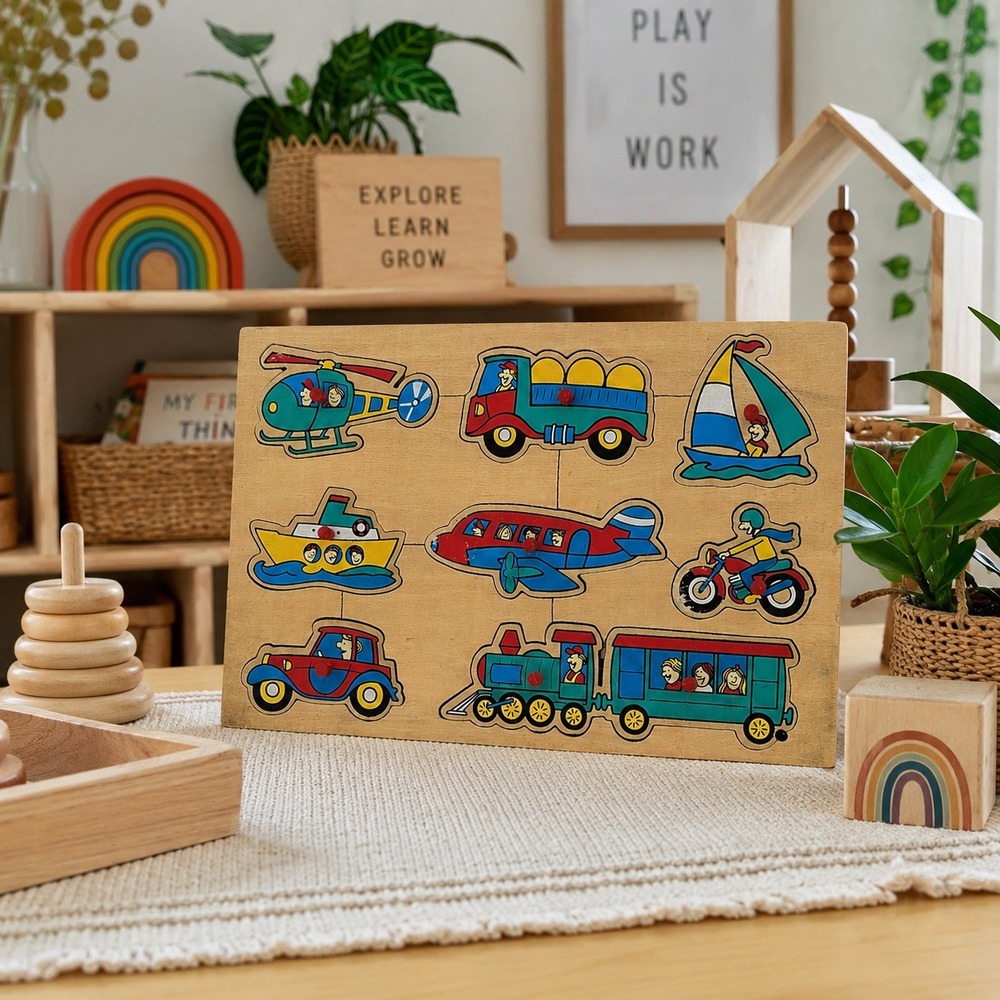 Vintage Wooden Transportation Puzzle Complete Preschool Learning Toy